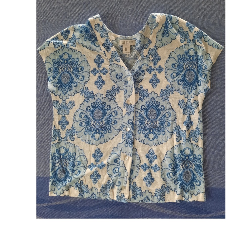 Rachel Zoe Womens Small Blue White Damask Linen Knit Short Sleeve Cardigan Top